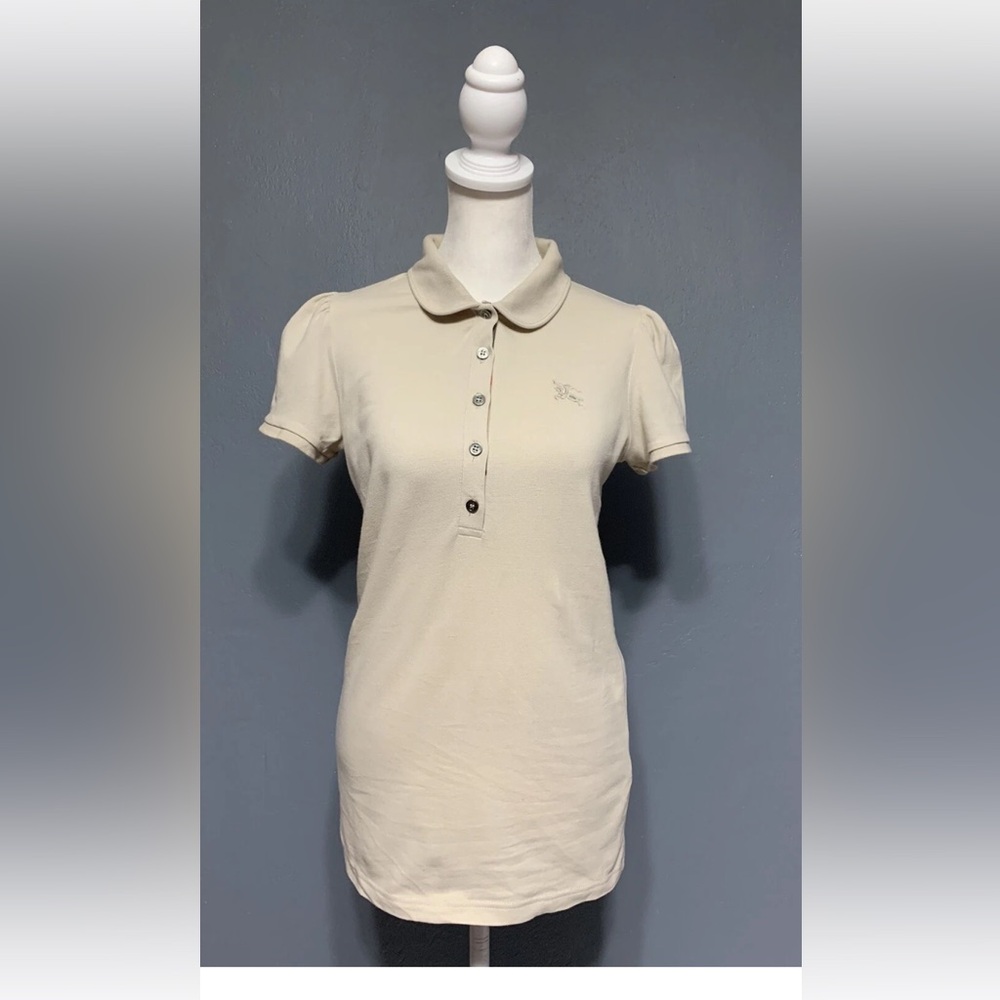 Burberry Brit Women's Sz Small Beige Polo Puff Short Sleeve Plaid Accent Shirt